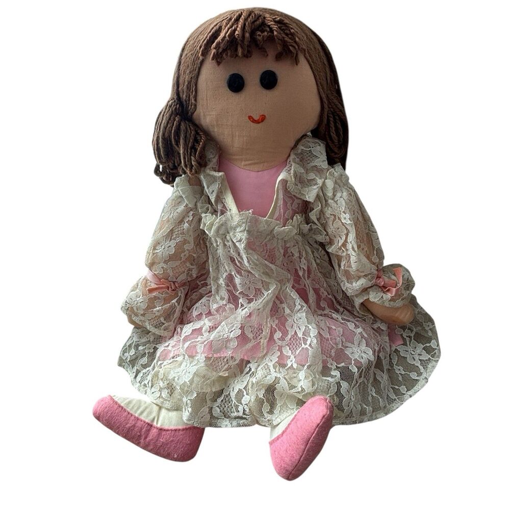 Happening In Boutique Rag Doll 21" Pink Lace Dress Vintage Brown Yarn Pigtails
